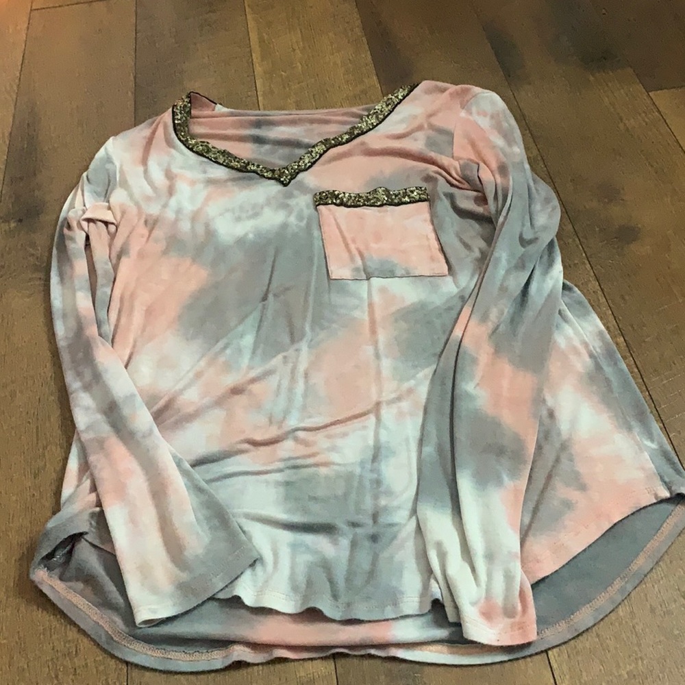 Pink Gray and White glitter V Neck